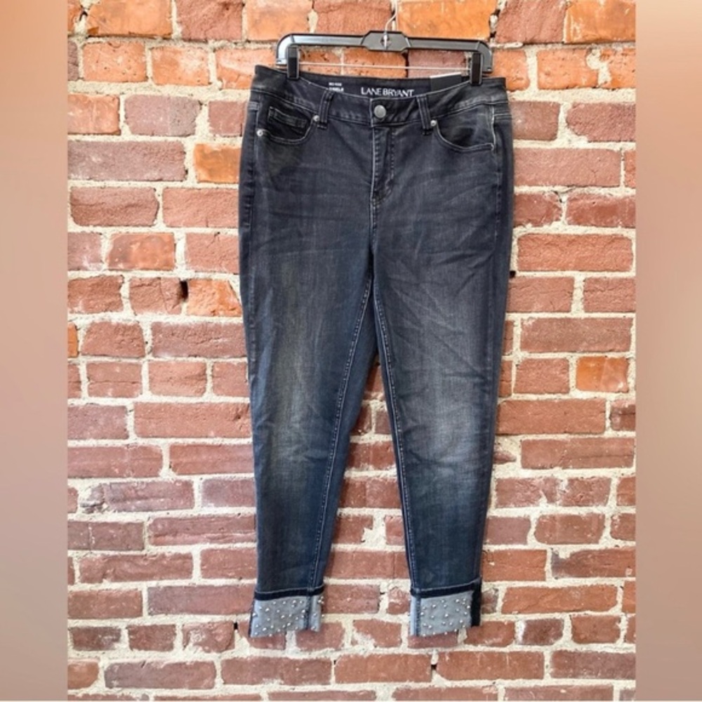 Lane Bryant Mid Rise Jeans Size 14 NEW Black‎ Silver Accents Cuff Skinny Ankle